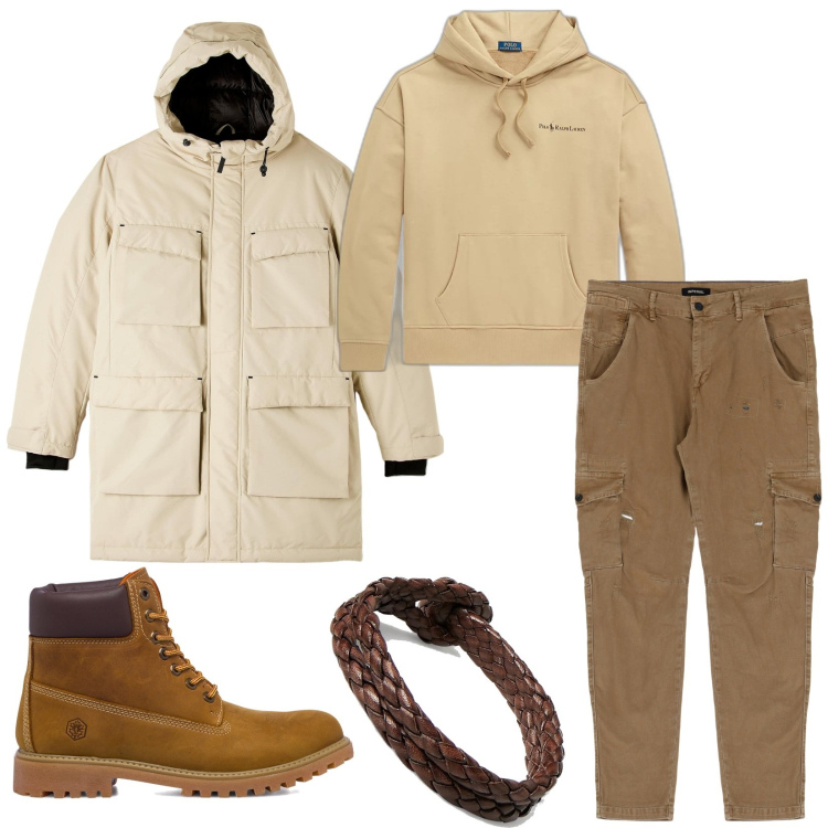 Outfit uomo - Pronto per il freddo. Stile Urban per Tutti i giorni. Abbinamento con pantaloni, braccialetti, felpe con cappuccio, stivali e stivaletti, parka.