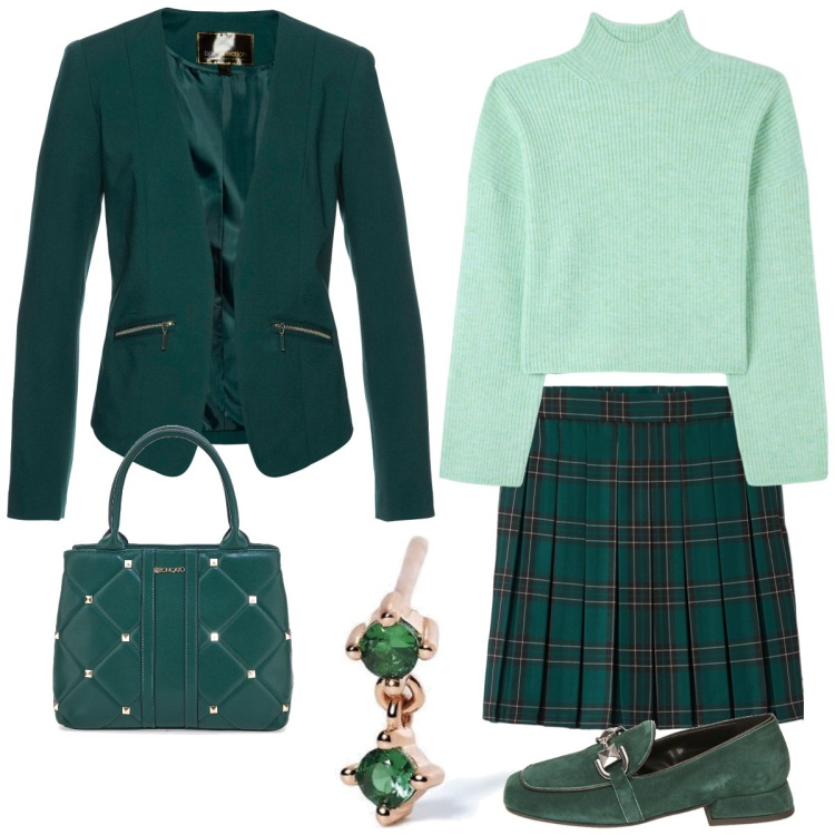 Outfit donna - Total look #1782405. Stile Casual chic per Tutti i giorni. Abbinamento con blazer, minigonne, maglieria, orecchini, mocassini, borse a mano.
