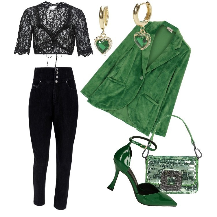 Outfit donna - Le décolleté verdi in naplack -Dicembre. Stile Sporty chic per Serata fuori. Abbinamento con borse a mano, camicie, orecchini, giacche, décolleté, jeans skinny.