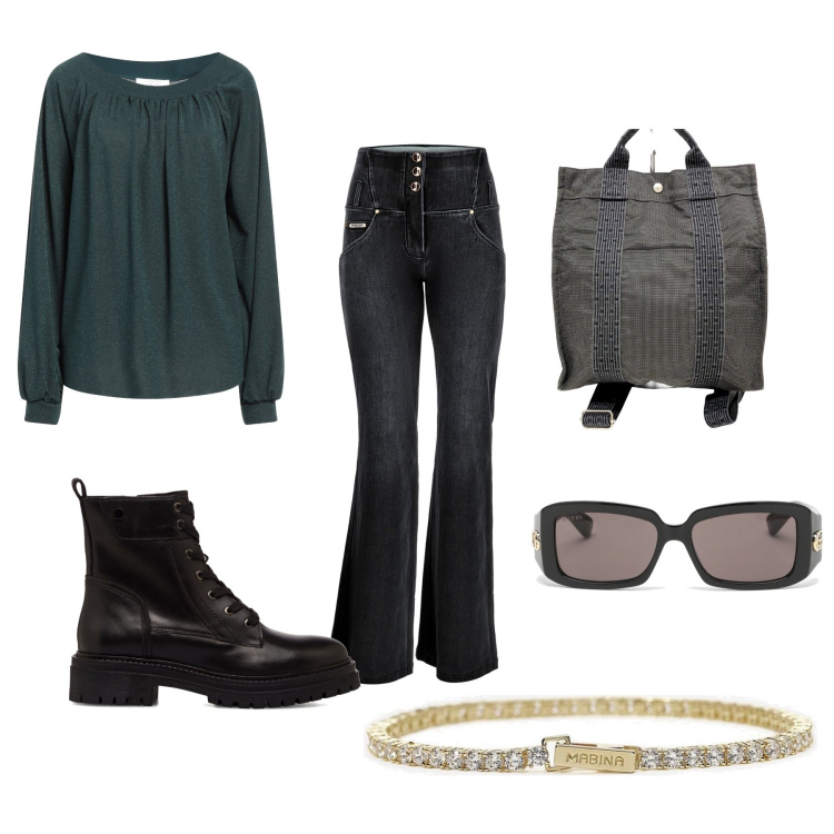 Outfit donna - Shopping time 4. Stile Casual chic per Tutti i giorni. Abbinamento con braccialetti, jeans a zampa, anfibi, zaini, pullovers, occhiali da sole.