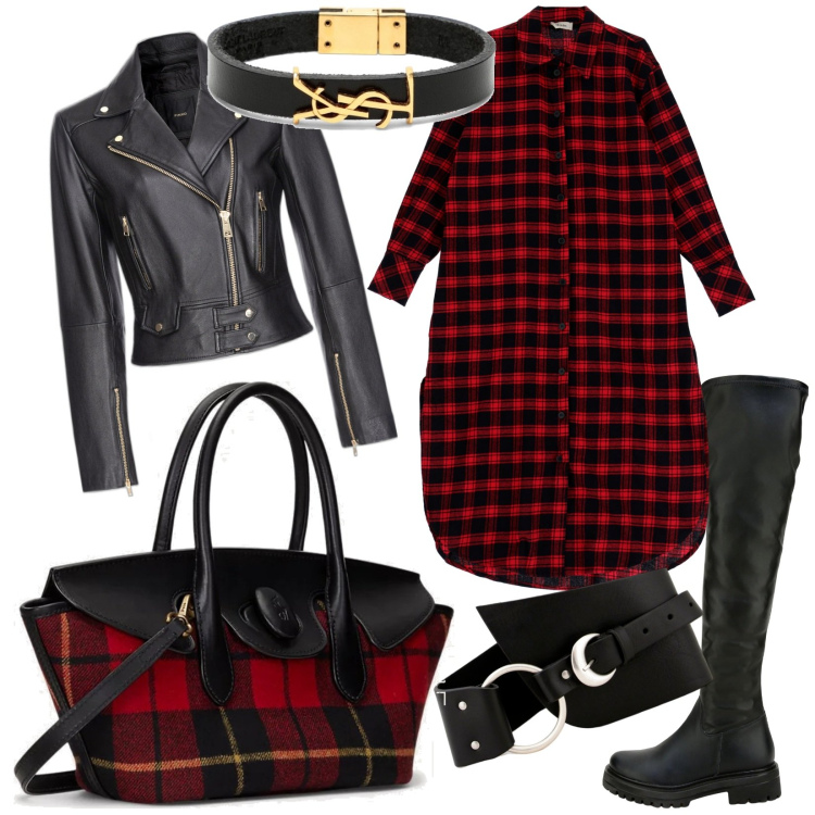 Outfit donna - Speciale tartan. Stile Urban per Tutti i giorni. Abbinamento con giacche, stivali sopra il ginocchio, cinture, vestiti, borse a mano, braccialetti.