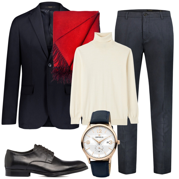 Outfit uomo - Un tocco di rosso. Stile Business/Elegante per Tutti i giorni. Abbinamento con maglieria, sciarpe, giacche, pantaloni, scarpe stringate, orologi analogici.