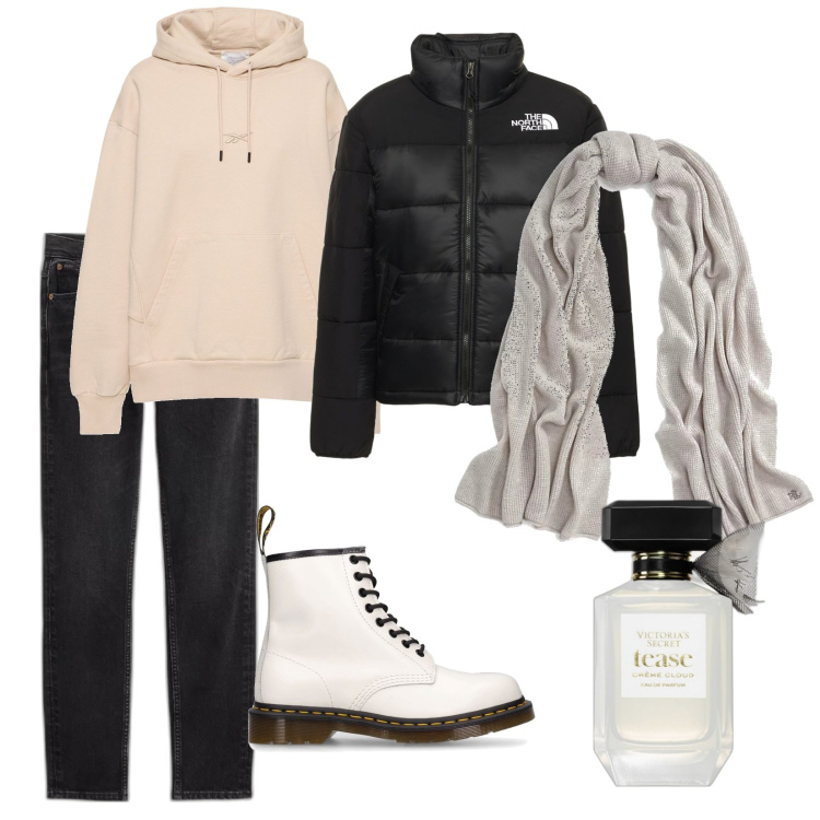 Outfit donna - Winter outfit. Stile Trendy per Tutti i giorni. Abbinamento con profumi, sciarpe, jeans slim fit, felpe con cappuccio, piumini, stivali.