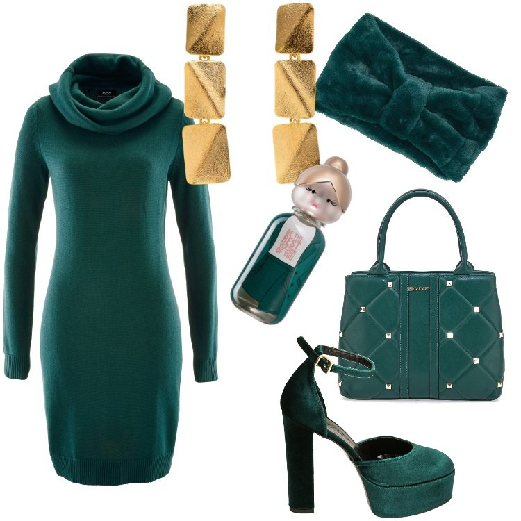 Outfit donna - L\'abito in maglia - Dicembre. Stile Chic per Serata fuori. Abbinamento con vestiti, profumi, décolleté, borse a mano, orecchini, sciarpe.