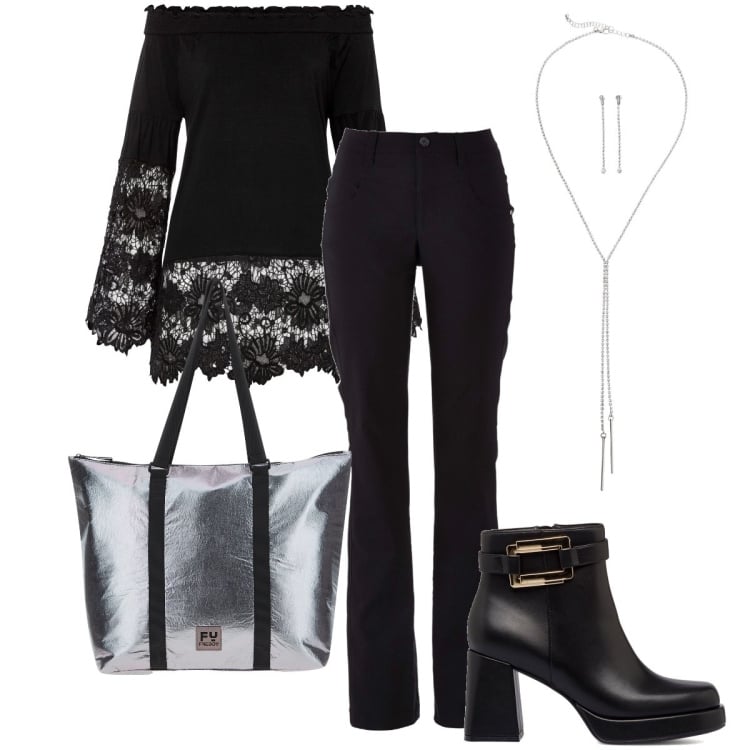 Outfit donna - La maglia col pizzo. Stile Bon Ton per Serata fuori. Abbinamento con pantaloni, maglieria, collane, borse tote, stivaletti.