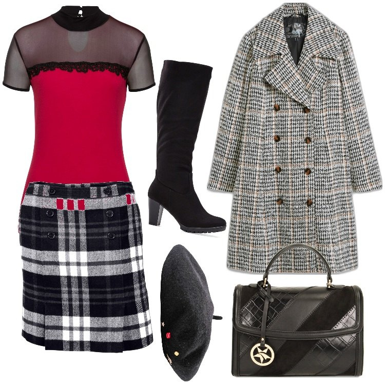 Outfit donna - Speciale tartan. Stile Casual chic per Tutti i giorni. Abbinamento con cappelli e berretti, stivali, minigonne, cappotti, maglieria, borse a mano.