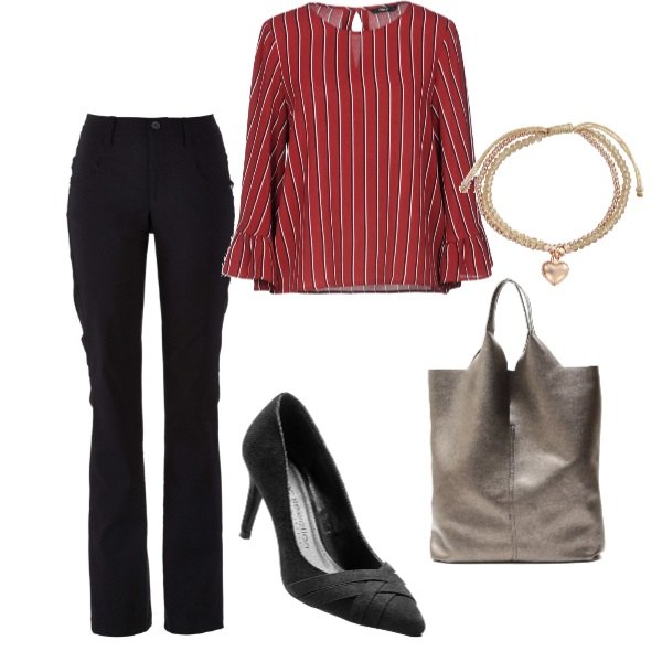 Outfit donna - I colori dell\'autunno..... Stile Trendy per Tutti i giorni. Abbinamento con pantaloni, décolleté pumps effetto scamosciato nero, blusa a righe collo tondo a maniche 3/4 crêpe, borsa a tracolla tote doppio manico, bracciale.