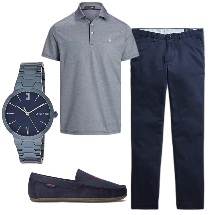 Outfit uomo - Casual raffinato. Stile Casual per Ufficio. Abbinamento con pantaloni, pantofole, polo, orologi analogici.