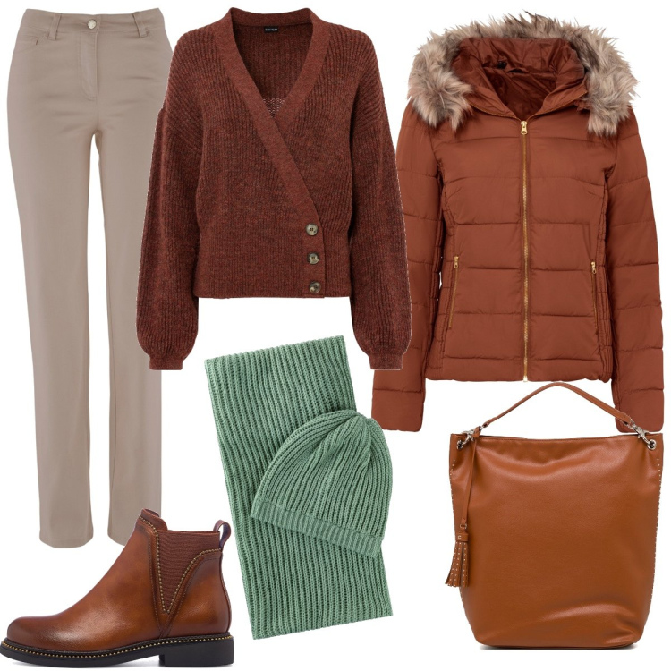 Outfit donna - Toni naturali. Stile Casual per Tutti i giorni. Abbinamento con giacche, maglieria, pantaloni, foulard, stivaletti, zaini.
