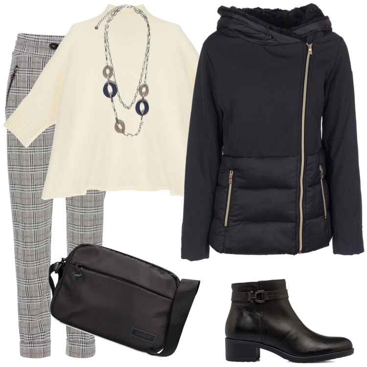 Outfit donna - Pizza con gli amici. Stile Casual per Serata fuori. Abbinamento con pantaloni, piumini, maglieria, stivaletti, borse a spalla, ciondoli.