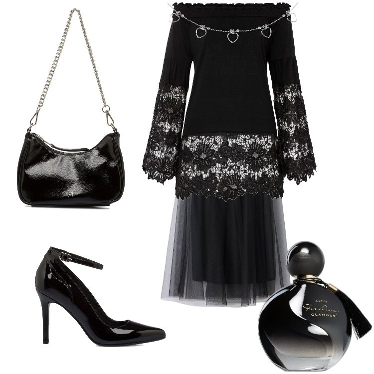 Outfit donna - La Maglia con spalle scoperte - Dicembre. Stile Romantica per Serata fuori. Abbinamento con maglieria, profumi, gonne lunghe, décolleté, borse a tracolla, collane.