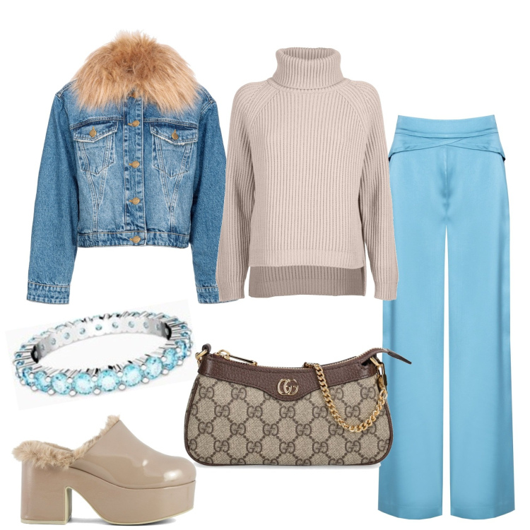 Outfit donna - In azzurro. Stile Casual chic per Tutti i giorni. Abbinamento con blazer, pantaloni a palazzo, sabot, borse a spalla, maglieria, anelli.
