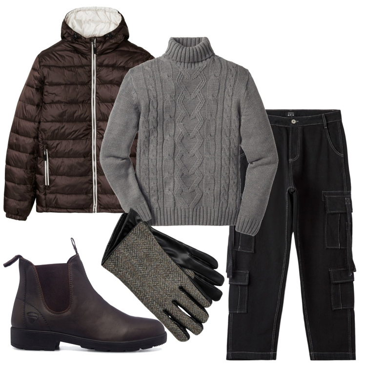 Outfit uomo - Shetland. Stile Urban per Tutti i giorni. Abbinamento con maglieria, giacche, pantaloni cargo, stivali e stivaletti, guanti.