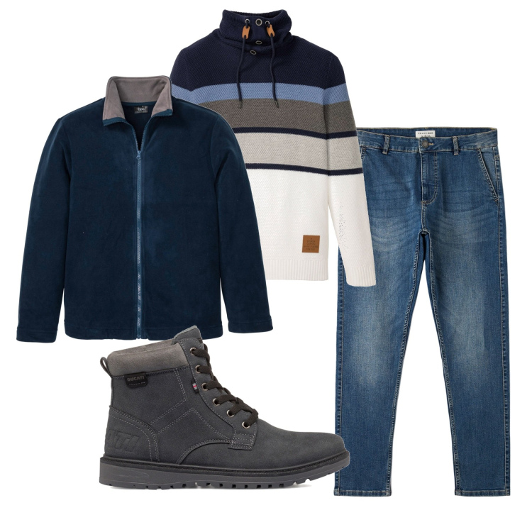 Outfit uomo - Pomeriggio easy. Stile Urban per Tutti i giorni. Abbinamento con maglieria, giacche, jeans skinny, stivali e stivaletti.