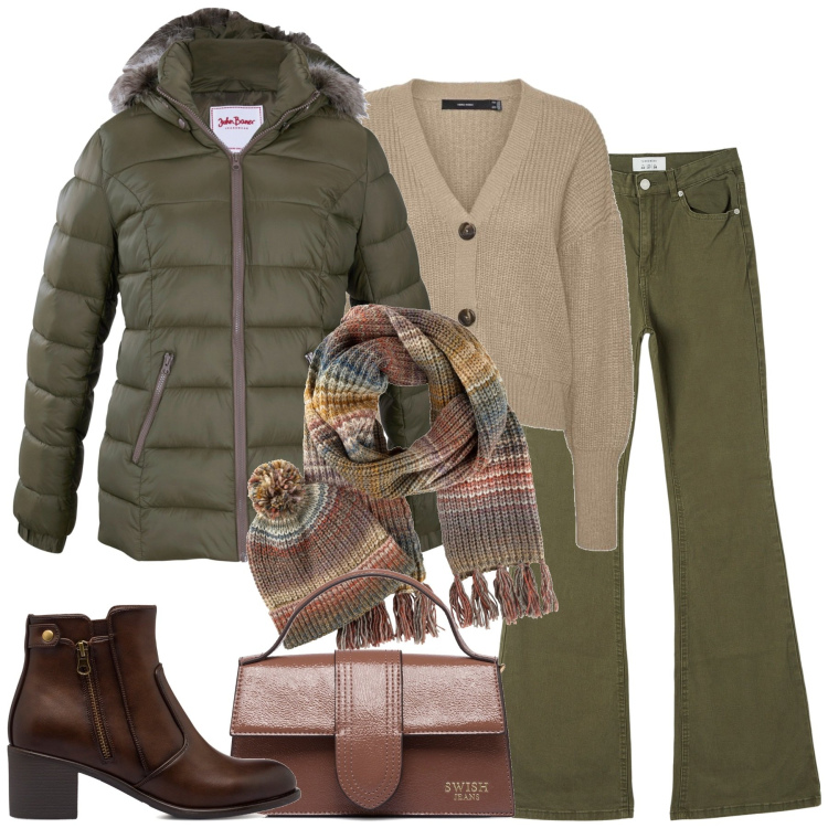 Outfit donna - In città. Stile Basic per Tutti i giorni. Abbinamento con sciarpe, piumini, pantaloni, cardigans, stivaletti, borse a mano.