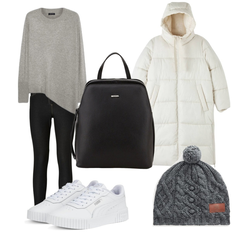 Outfit donna - Andando in montagna. Stile Casual per Tutti i giorni. Abbinamento con jeggings, piumini, zaini, berretti, sneakers, maglieria.