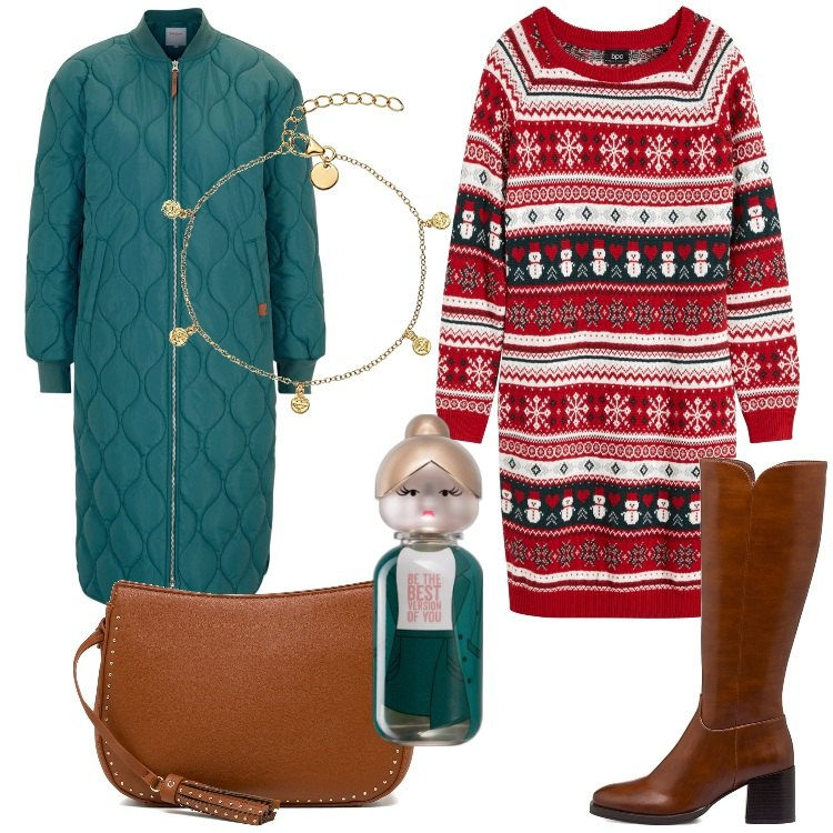 Outfit donna - Informale a Natale!. Stile Casual per Tutti i giorni. Abbinamento con vestiti, cappotti, profumi, borse a tracolla, stivali sopra il ginocchio, braccialetti con ciondoli.