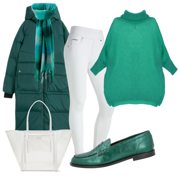 Outfit donna - Broadcast. Stile Casual chic per Tutti i giorni. Abbinamento con piumini, mocassini, pantaloni, maglieria, sciarpe, borse tote.