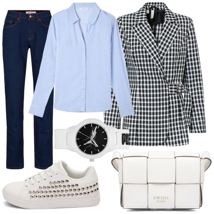 Outfit donna - Pensando alla primavera. Stile Casual per Tutti i giorni. Abbinamento con jeans mom, blazer, camicie, sneakers, borse a tracolla, orologi.