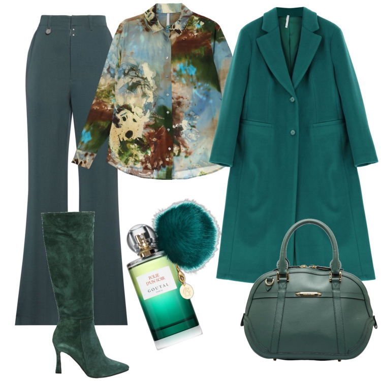 Outfit donna - Sfumature di verde. Stile Bon Ton per Serata fuori. Abbinamento con pantaloni, borse a mano, profumi, cappotti, camicie, stivali.