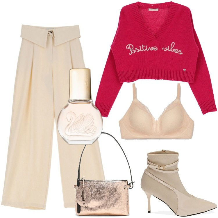 Outfit donna - Profumo Gourmet - Dicembre. Stile Sexy per Serata fuori. Abbinamento con profumi, reggiseni, maglieria, pantaloni a palazzo, stivaletti, borse a mano.