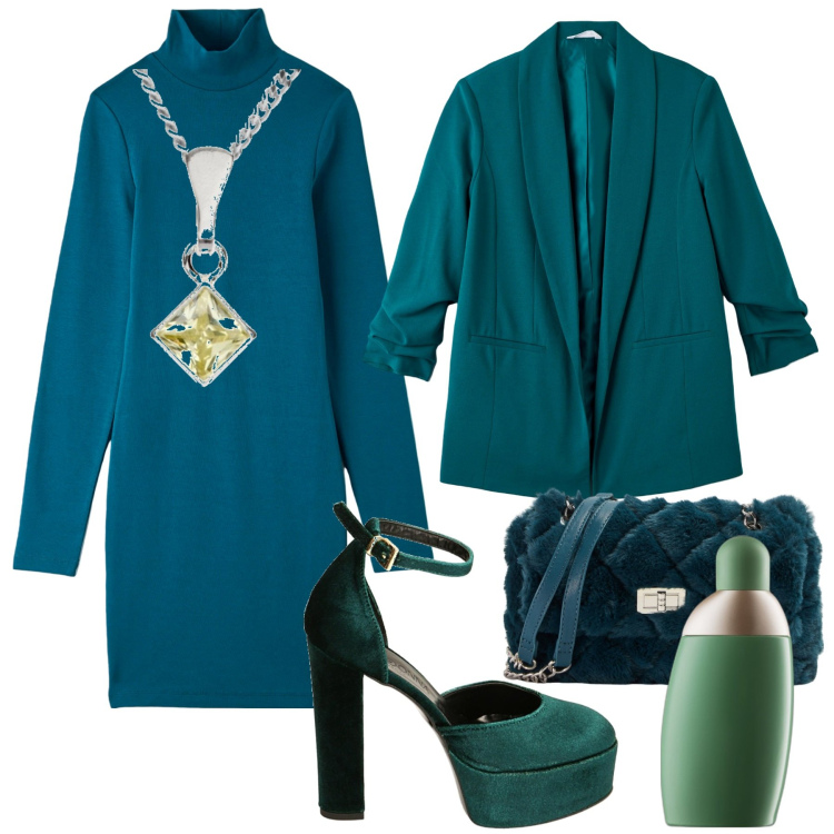 Outfit donna - In verde per le feste. Stile Chic per Serata fuori. Abbinamento con profumi, blazer, borse a spalla, vestiti, décolleté, collane.