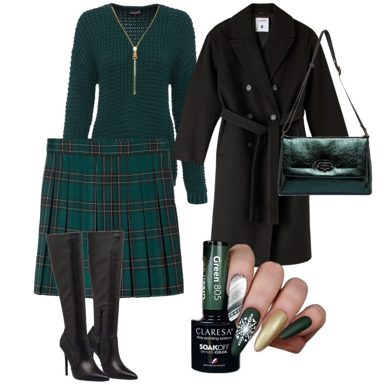 Outfit donna - Verde dappertutto!. Stile Glamour per Tutti i giorni. Abbinamento con maglieria, smalti, minigonne, cappotti, borse a tracolla, stivali sopra il ginocchio.