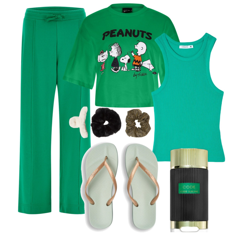 Outfit donna - Homewear in verde. Stile Basic per Tutti i giorni. Abbinamento con profumi, canottiere, accessori per capelli, t-shirt, pantaloni a palazzo, infradito.