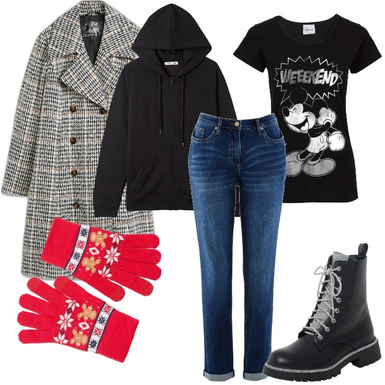 Outfit donna - Un tocco di rosso. Stile Casual chic per Scuola/Università. Abbinamento con t-shirt, jeans boyfriend, cappotti, guanti, felpe con cappuccio, anfibi.