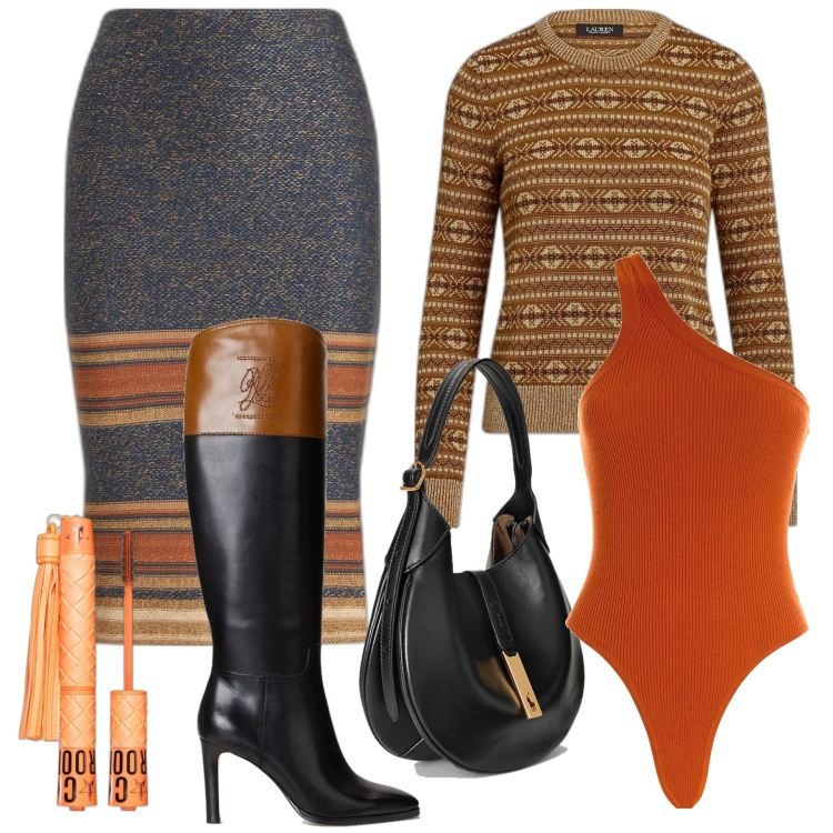 Outfit donna - Lauren petite. Stile Bon Ton per Ufficio. Abbinamento con mascara, body, gonne longuette, borse a spalla, maglieria, stivali sopra il ginocchio.