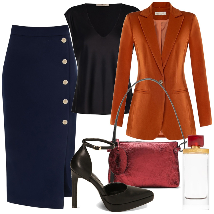 Outfit donna - Rinascimento cena di natale. Stile Chic per Serata fuori. Abbinamento con profumi, gonne longuette, cappotti, bluse, décolleté, borse a mano.