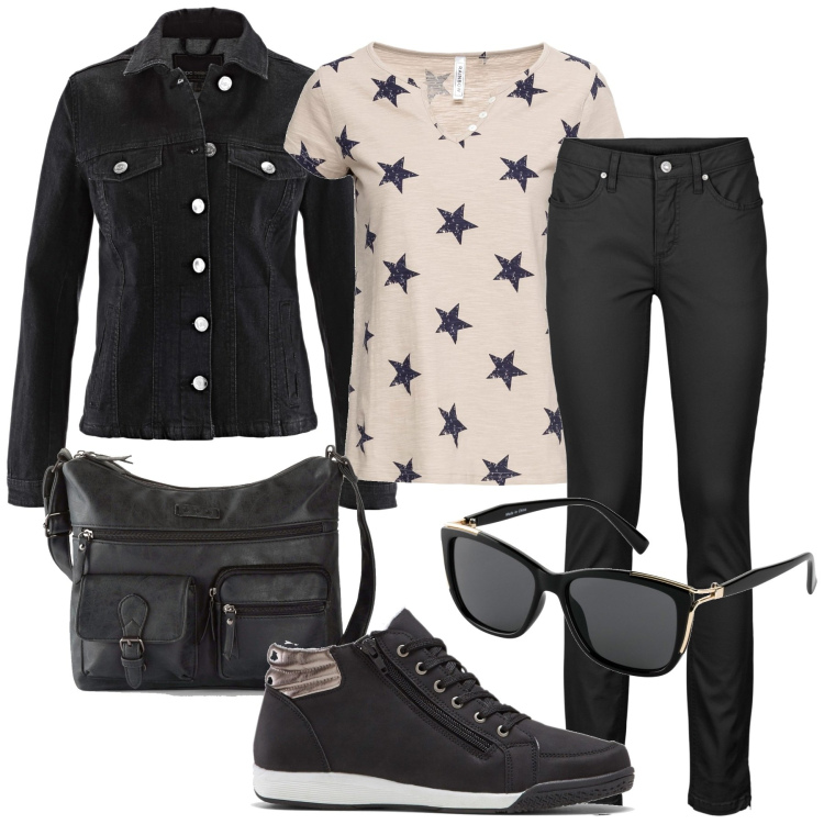 Outfit donna - Casual- Stars. Stile Casual per Tutti i giorni. Abbinamento con jeans, sneakers alte, borse a tracolla, blazer, maglieria, occhiali da sole.