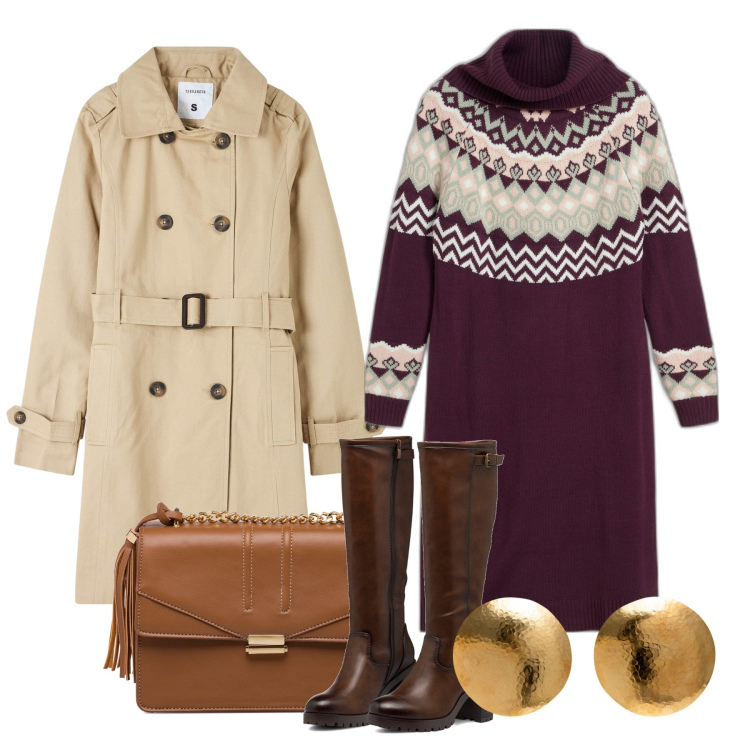 Outfit donna - Il trench. Stile Bon Ton per Tutti i giorni. Abbinamento con vestiti, trench, stivali sopra il ginocchio, borse a tracolla, orecchini.