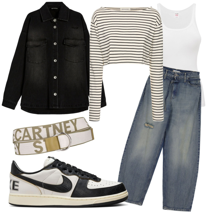 Outfit donna - Jeans e sneakers. Stile Casual per Tutti i giorni. Abbinamento con jeans, camicie, sneakers, canottiere, cinture, t-shirt.