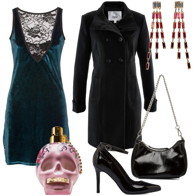 Outfit donna - Tatoo e pizzo - Dicembre. Stile Sexy per Serata fuori. Abbinamento con vestiti, cappotti, orecchini, profumi, borse a tracolla, décolleté.
