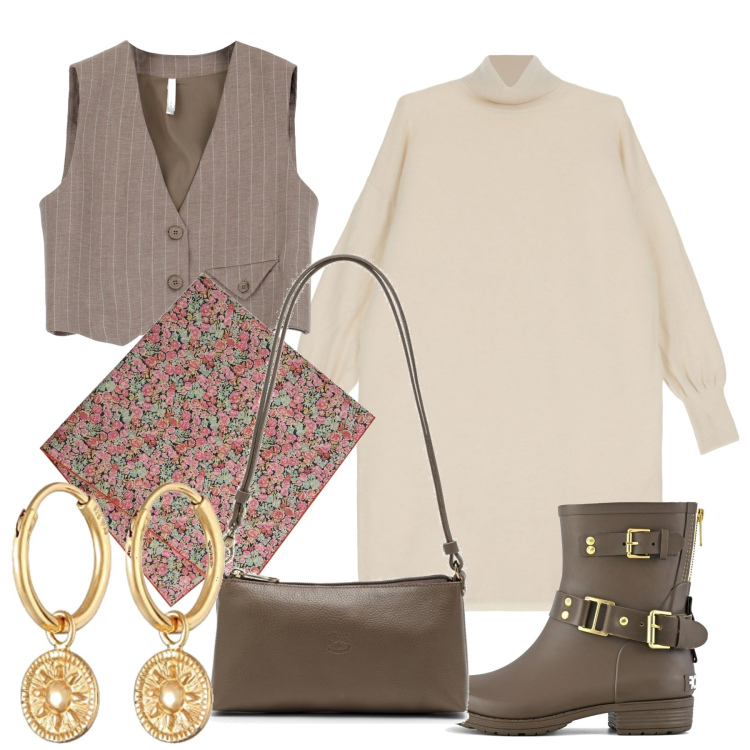 Outfit donna - Gilet e foulard. Stile Bon Ton per Tutti i giorni. Abbinamento con vestiti corti, gilet, stivali, borse a spalla, sciarpe, orecchini.