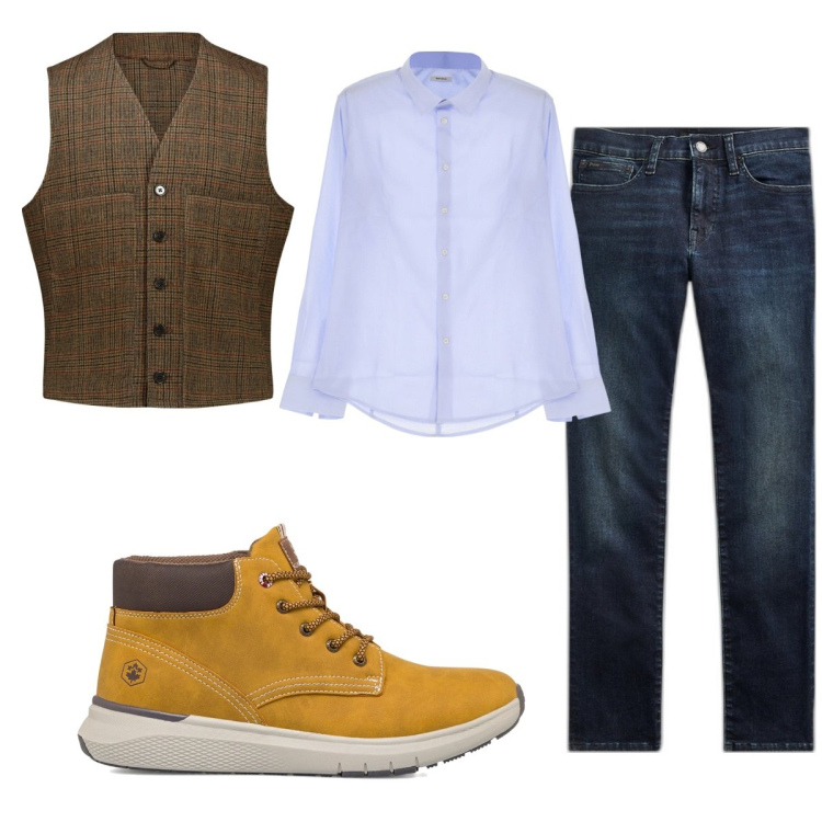 Outfit uomo - Total look #1782684. Stile Casual per Ufficio. Abbinamento con camicie, stivali e stivaletti, gilet, jeans.