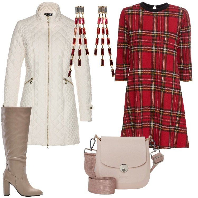 Outfit donna - Speciale Tartan. Stile Casual chic per Tutti i giorni. Abbinamento con blazer, vestiti corti, orecchini, stivali sopra il ginocchio, borse a spalla.