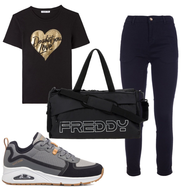Outfit donna - Total look #1782703. Stile Basic per Sport. Abbinamento con t-shirt, pantaloni, borse sportive, sneakers alte.