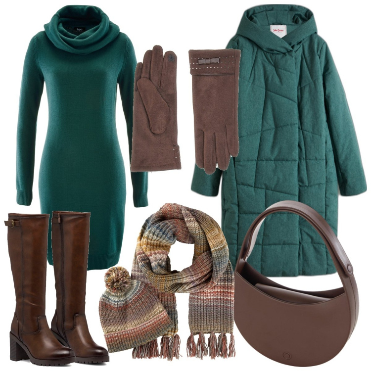 Outfit donna - Verde e marrone. Stile Casual per Tutti i giorni. Abbinamento con sciarpe, vestiti, blazer, stivali sopra il ginocchio, borse a spalla, guanti.