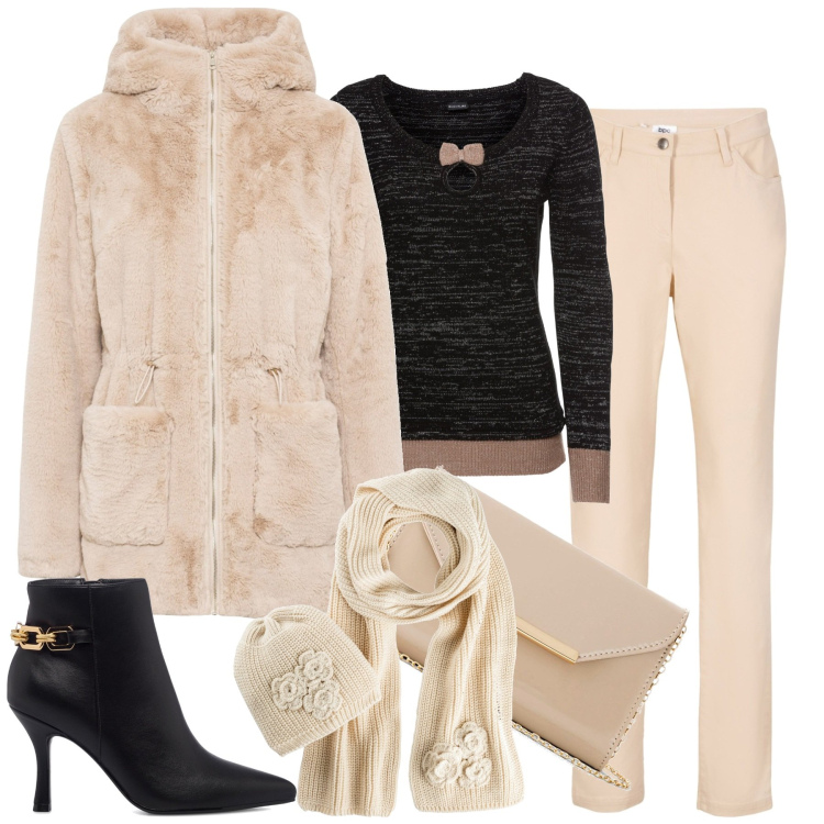 Outfit donna - City. Stile Casual chic per Tutti i giorni. Abbinamento con maglieria, ecopellicce, pochette, pantaloni, sciarpe, stivaletti.