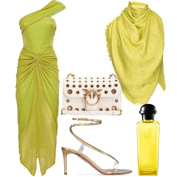 Outfit donna - Festeggiando in crociera. Stile Glamour per Serata fuori. Abbinamento con profumi, borse a tracolla, sciarpe, vestiti, sandali in pelle.