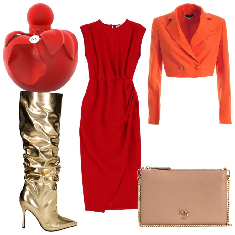 Outfit donna - Total look #1782741. Stile Glamour per Serata fuori. Abbinamento con profumi, borse a tracolla, blazer, vestiti midi/longuette, stivali.