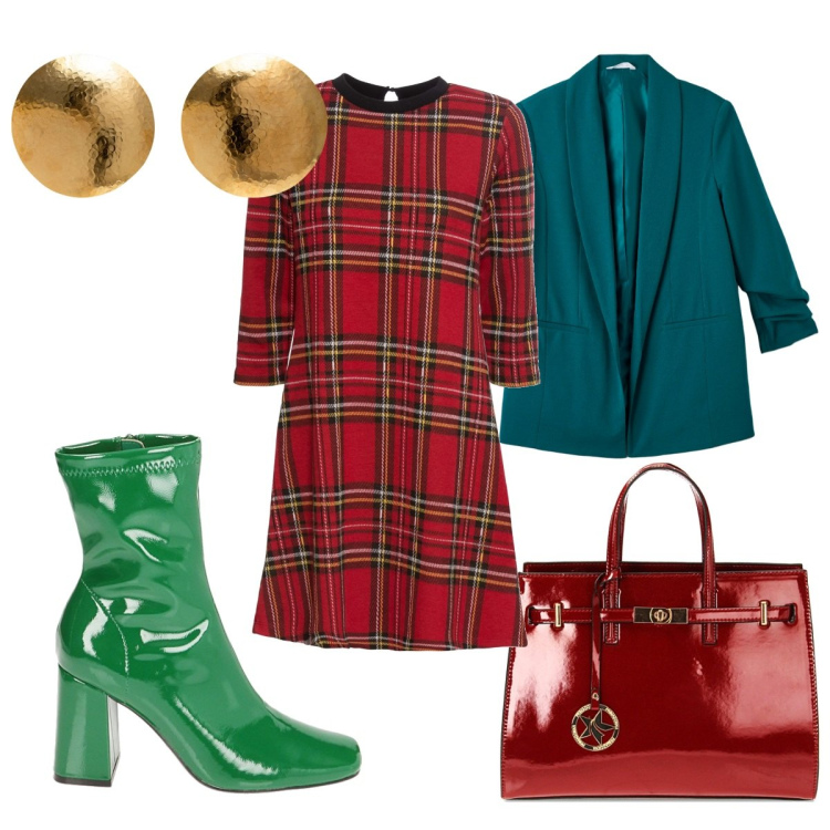 Outfit donna - Total look #1782743. Stile Trendy per Tutti i giorni. Abbinamento con vestiti corti, blazer, borse a mano, stivaletti, orecchini.