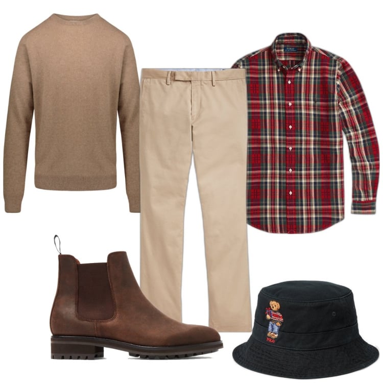 Outfit uomo - Total look #1782747. Stile Trendy per Tutti i giorni. Abbinamento con pantaloni chino, cappelli, camicie, stivali e stivaletti, maglieria.