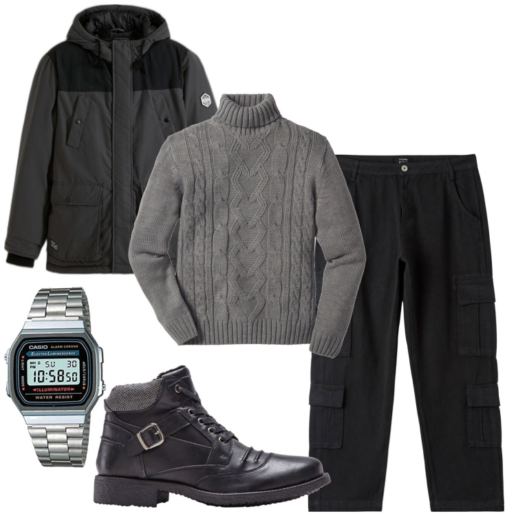 Outfit uomo - Ben caldo. Stile Urban per Tutti i giorni. Abbinamento con maglieria, piumini, stivali e stivaletti, pantaloni cargo, orologi.