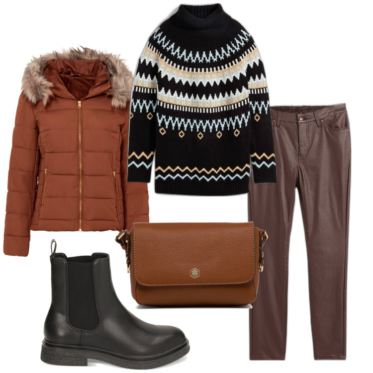 Outfit donna - In centro. Stile Casual per Tutti i giorni. Abbinamento con giacche, pantaloni skinny, maglieria, stivaletti chelsea, borse a tracolla.