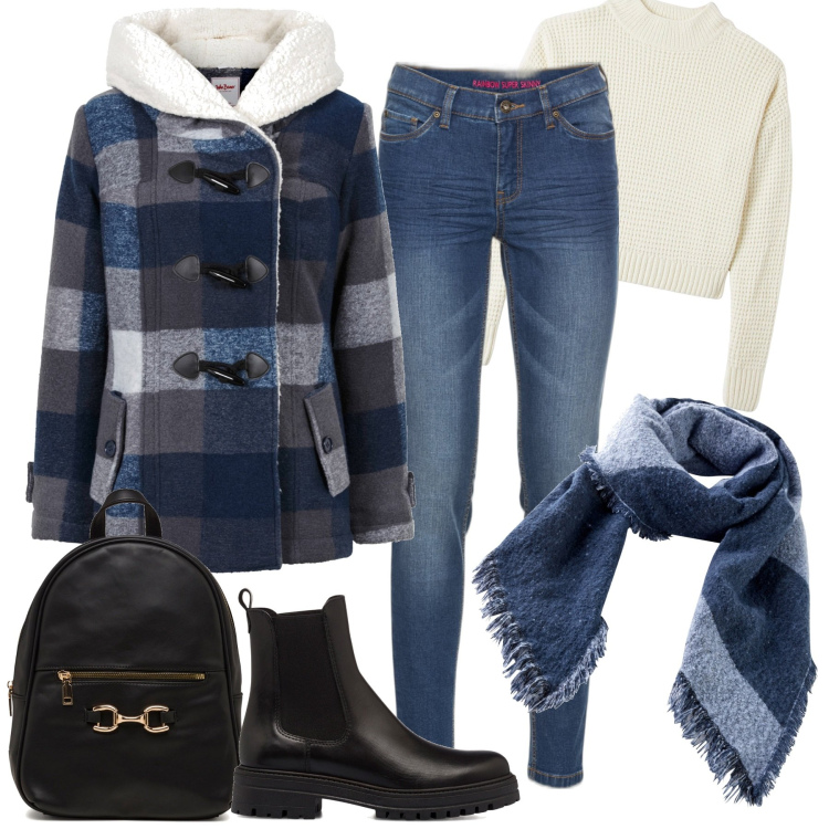 Outfit donna - In città. Stile Trendy per Tutti i giorni. Abbinamento con jeans skinny, blazer, sciarpe, maglieria, stivaletti, zaini.