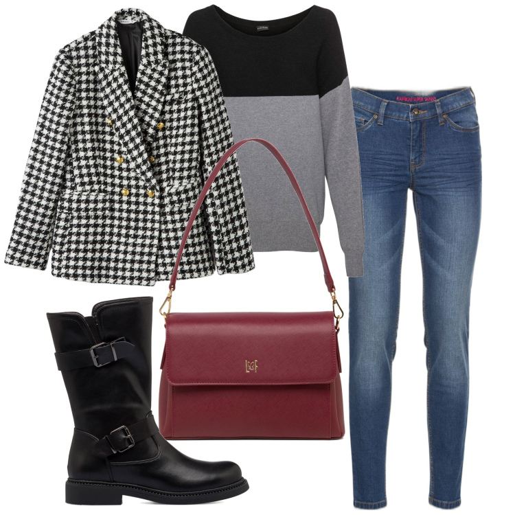 Outfit donna - Ufficio. Stile Urban per Ufficio. Abbinamento con jeans skinny, maglieria, blazer, borse a tracolla, stivaletti.
