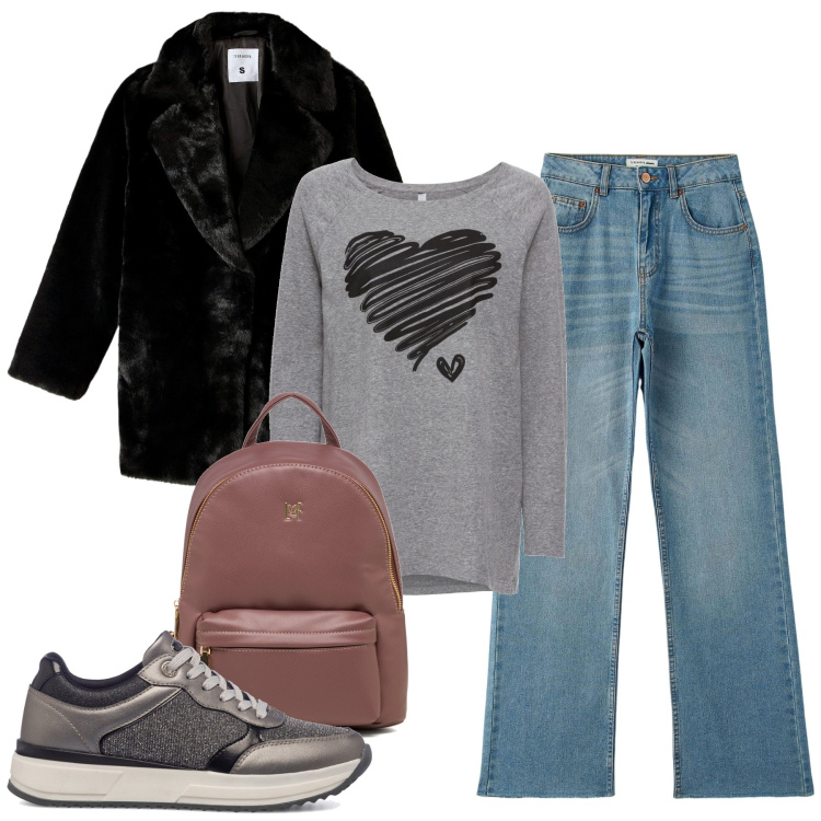 Outfit donna - A passo veloce. Stile Basic per Tutti i giorni. Abbinamento con maglieria, jeans, ecopellicce, sneakers, zaini.